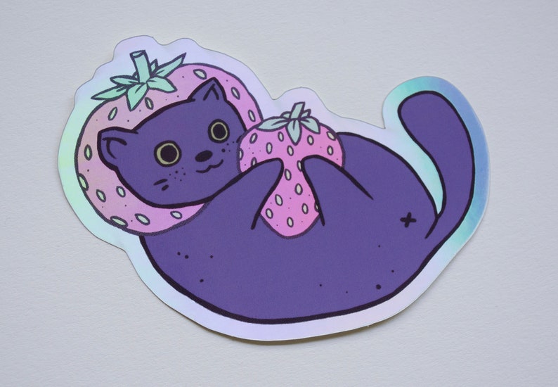 Erdbeer Katze Holographischer Sticker Bild 6