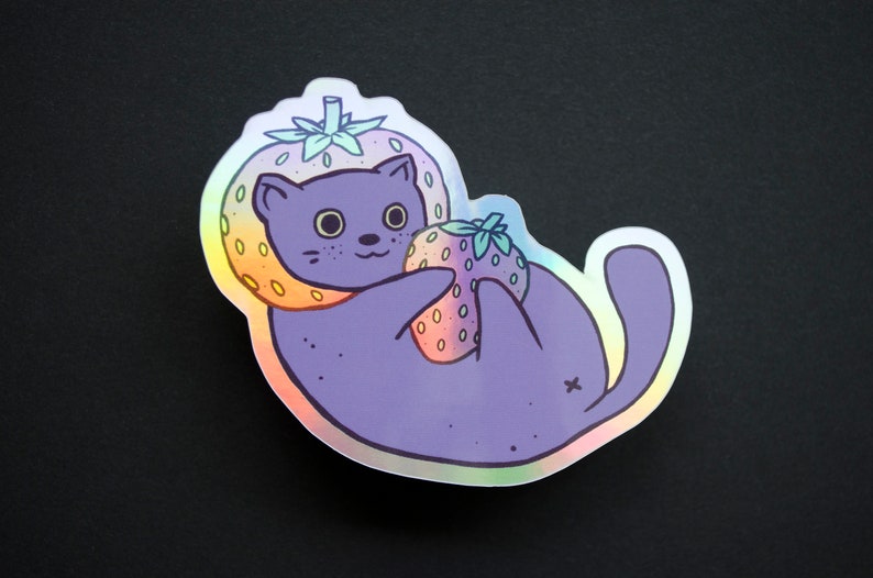 Erdbeer Katze Holographischer Sticker Bild 1