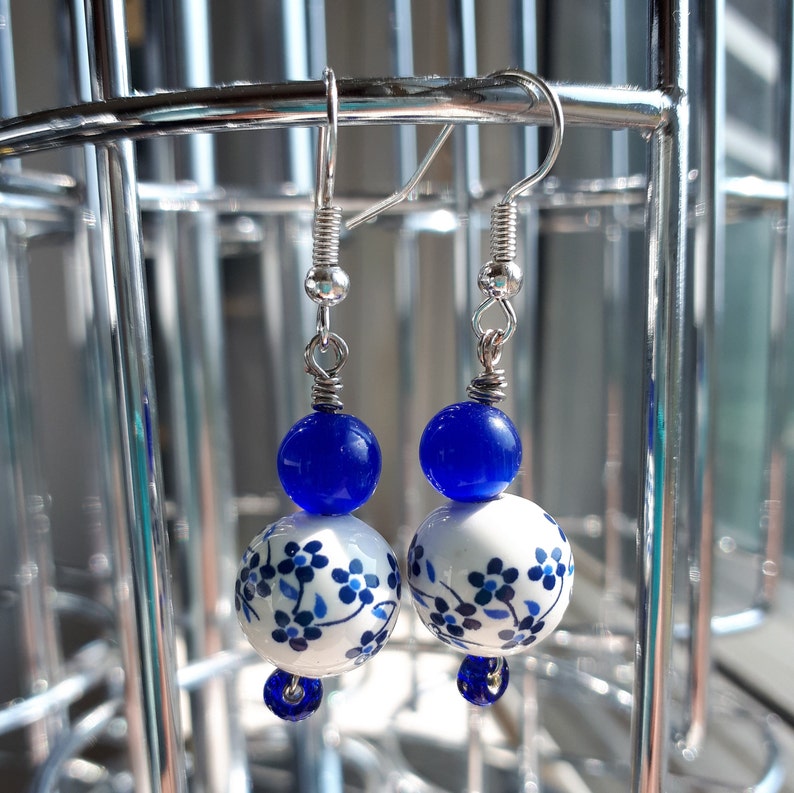 Blue and White Floral Ceramic Earrings