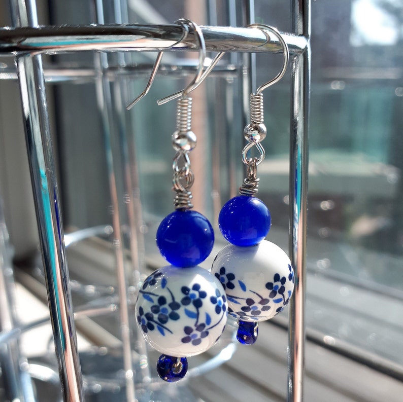 Blue and White Floral Ceramic Earrings