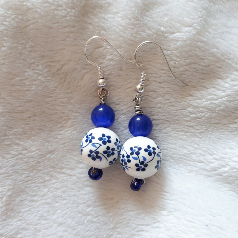 Blue and White Floral Ceramic Earrings