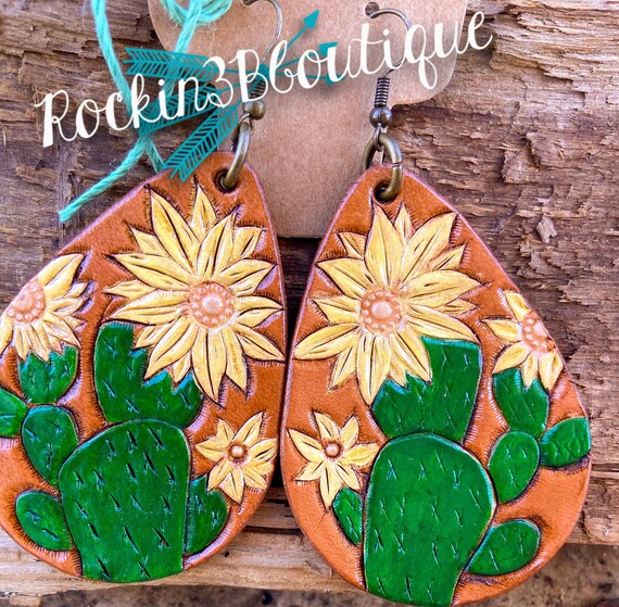 Handmade cactus flowers leather earrings hand tooled | Etsy