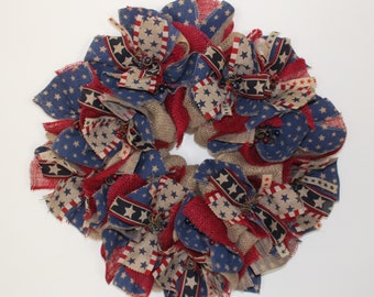 Rustic Burlap Wreath: Red White Blue Stars Stripes Americana Front Door Decor