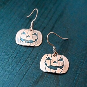Copper Earrings • Etched Copper Earrings • Pumpkin Earrings • Halloween Earrings • Jack-O-Lantern Earrings