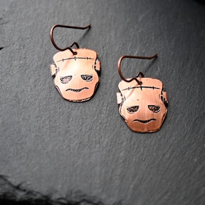Frankenstein Earrings • Halloween Earrings • Copper Earrings • Etched Copper Earrings