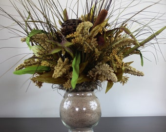 Natural Cattail Centerpiece: Pods & Grasses in Sand-Filled Vase