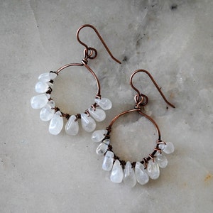 Moonstone Earrings: Antiqued Copper Wire Wrapped Gemstone Dangles