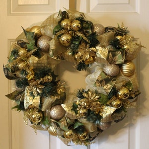 Gold Deco Mesh Christmas Wreath