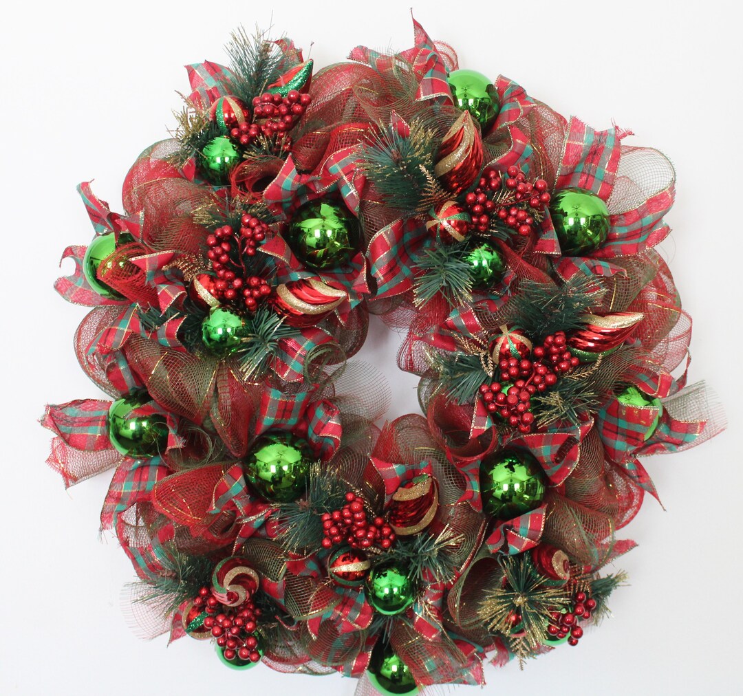 Faux Christmas Wreath – Green and Red Deco Mesh, Green Bulbs, Berry and ...