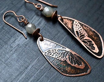 Etched Copper Butterfly Earrings: Labradorite Gemstone Dangle