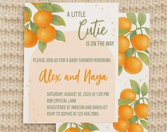 May include: Baby shower invitation featuring orange illustrations and the text "A Little Cutie Is On The Way." The invitation includes details for Alex and Naya's baby shower, including the date, time, and location.