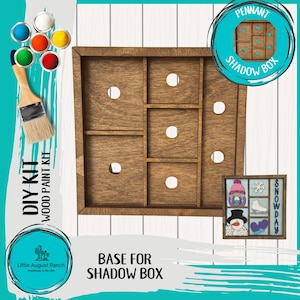 May include: DIY wood paint kit for a shadow box. The kit includes a wooden base with nine squares, each with a hole in the center. The base is brown and has a rustic look. The kit also includes a set of paints and a brush. The image also shows a completed shadow box with a winter theme.