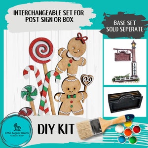 May include: DIY kit for a gingerbread themed Christmas sign or box. The kit includes two gingerbread people, candy canes, lollipops, and a paintbrush. The base set is sold separately.  The kit also includes a set of acrylic paints in various colors.