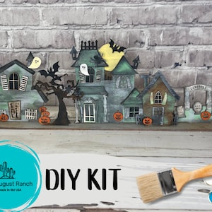 DIY Halloween Village Standing Pieces - Haunted Village - Halloween Shelf Decor Blank Kit - Graveyard, Spooky House, Ghost Wood Blanks