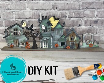 DIY Halloween Village Standing Pieces - Haunted Village - Halloween Shelf Decor Blank Kit - Graveyard, Spooky House, Ghost Wood Blanks