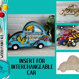May include: DIY wood paint kit featuring a blue car with the words "Summer Vibes" on the side. The kit includes a blank car insert for interchangeable designs.