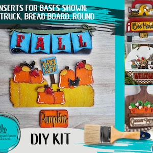 May include: DIY kit for painting fall-themed wooden signs. The kit includes a paintbrush, paints, and wooden cutouts of pumpkins, a hay bale, a sign that says "U-Pick 25¢", a sign that says "Pumpkins", and a banner that says "FALL".