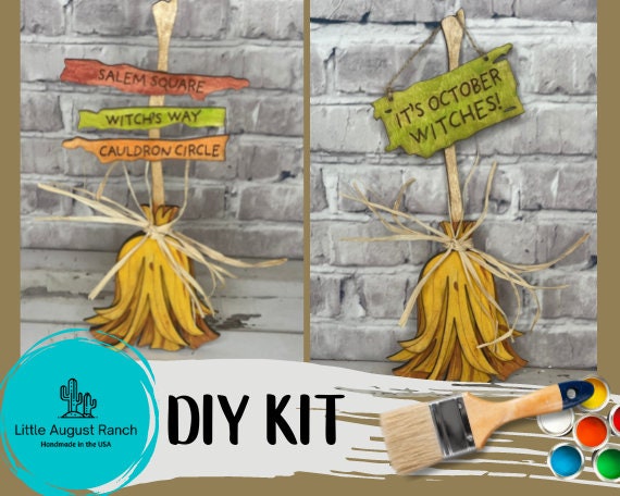 Halloween Direction Sign Standing Broom DIY Wood Kit - It's October Witches - Halloween Shelf Decor - Witches Broom
