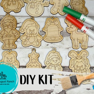 Christmas Ornament Kit for Kids- Christmas Paint Kit - Wood DIY Kit - Ornament Coloring Set