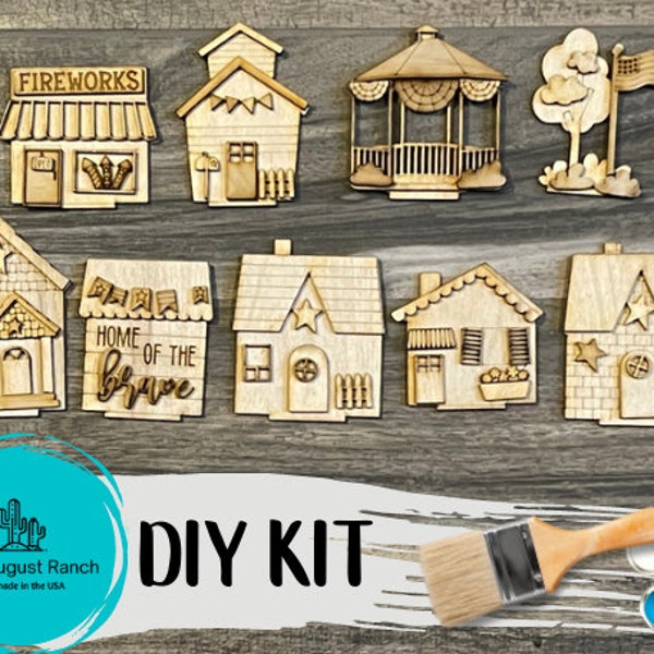 DIY Standing 4th of July Town - DIY Village -Patriotic Wood Blanks - Flag - Firework Shop - Gazebo - Independence Day Paint Kit