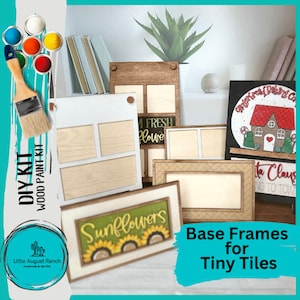 May include: A set of unfinished wooden frames for creating DIY tiny tile projects. The frames are in various sizes and shapes, including a square, rectangle, and a three-section frame. The frames are made of natural wood and have a rustic look. The text "Base Frames for Tiny Tiles" is visible in the image.