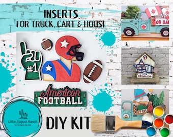 May include: DIY kit for decorating a truck, cart, and house with American football, gnome, and patriotic themes. Includes wooden cutouts, paint, and a paintbrush.