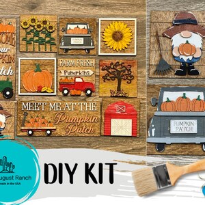 May include: DIY craft kit for making wooden signs with a pumpkin patch theme. The kit includes various pre-cut wooden shapes, including pumpkins, gnomes, trucks, and sunflowers. The signs feature phrases like "Welcome to our Pumpkin Patch" and "Meet Me at the Pumpkin Patch".