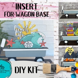 May include: DIY kit for a wagon base with three different insert options: beach life, birthday, and Halloween. The kit includes a wooden wagon base, pre-cut wooden shapes, and paint.