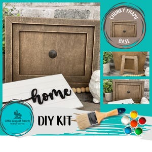 May include: DIY kit for a wooden sign with the word "home" in black script. The kit includes a chunky wooden frame, a base, paint, and a paintbrush. The sign is ready to be painted and decorated.
