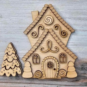 DIY Gingerbread Christmas Village Standing Pieces Christmas Shelf Decor Wood Blank Paint and Craft Kit 2 Story House