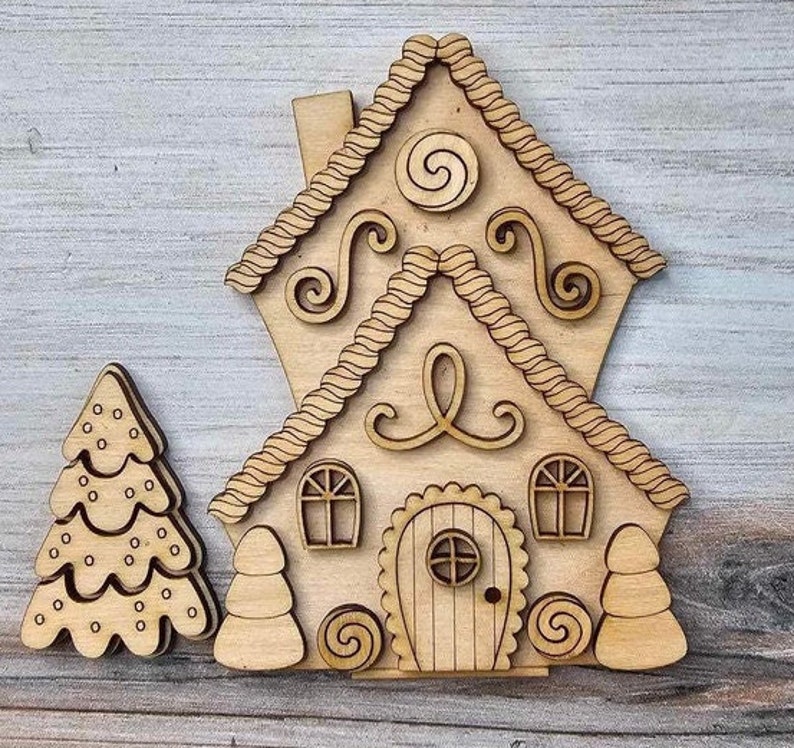 DIY Gingerbread Christmas Village Standing Pieces Christmas Shelf Decor Wood Blank Paint and Craft Kit 2 Story House