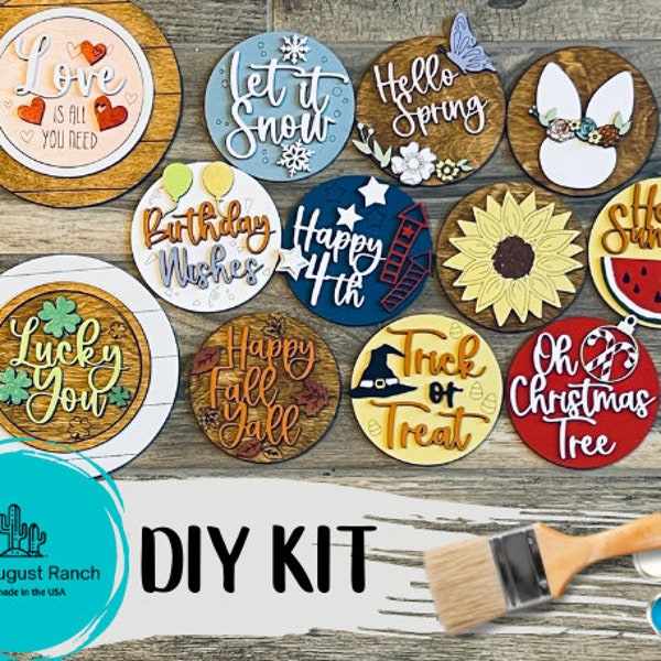 DIY Interchangeable Round Sign - Tiered Tray Decor Companion - Painting Kit - Unfinished Holiday Sign Bundle - Wood Blanks
