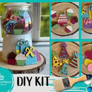 Birthday Machine Filler - DIY Gumball Filler Craft Kit - Wood Blanks - Cupcakes - Birthday Hats - Presents