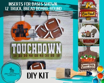 Puede incluir: Kit de bricolaje para crear letreros de madera con temática de fútbol, camión, bienvenida y jardín. El kit incluye un pincel y pinturas de varios colores. Los letreros presentan el texto "Touchdown", "Bee Kind", "Welcome" y "Garden Patch".