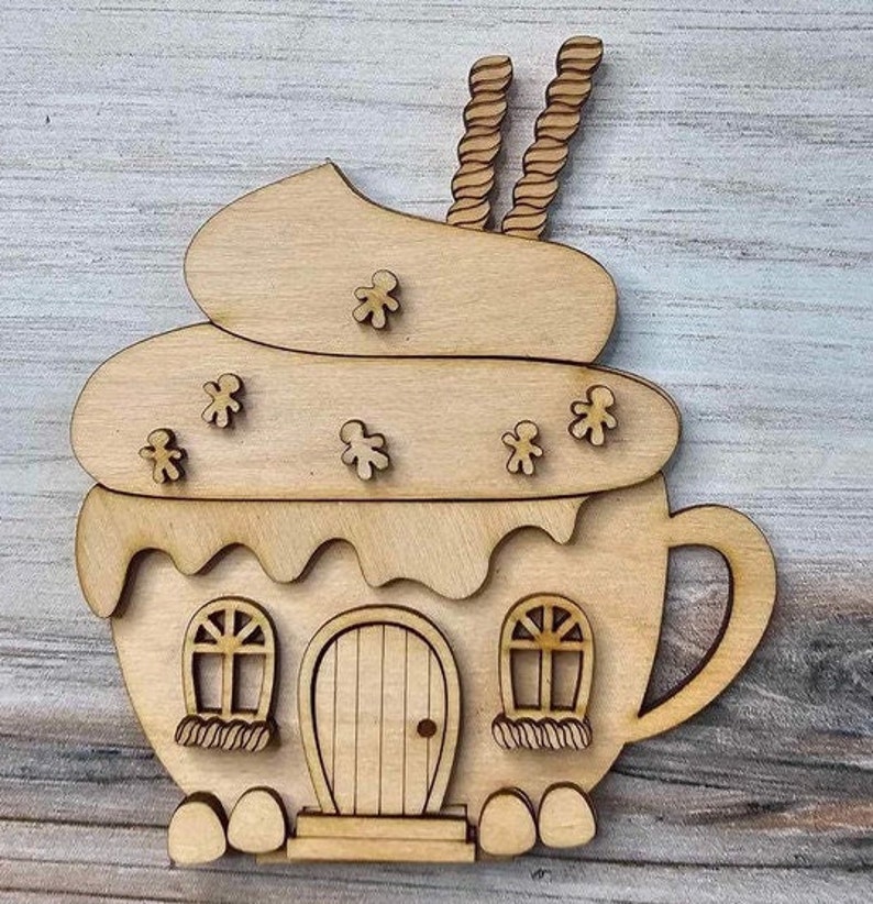 DIY Gingerbread Christmas Village Standing Pieces Christmas Shelf Decor Wood Blank Paint and Craft Kit Mug Home