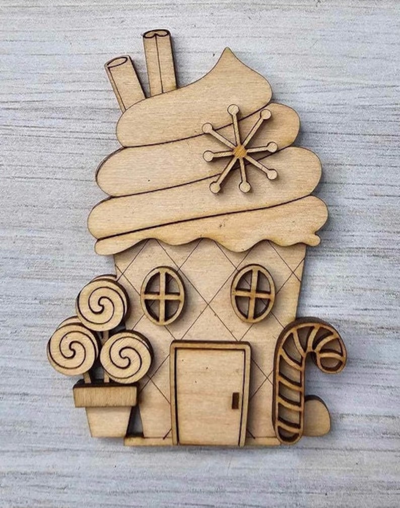 DIY Gingerbread Christmas Village Standing Pieces Christmas Shelf Decor Wood Blank Paint and Craft Kit Tall Latte House