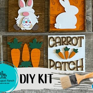 May include: DIY Easter craft kit with four wooden signs featuring a bunny, carrots, and the words "Carrot Patch". The kit includes paint and brushes.