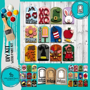 May include: A set of 18 unfinished wooden shapes for painting. The shapes are in the form of arches and include various designs such as a bunny, a turkey, a gingerbread person, a witch, a popsicle, a flower, a Christmas tree, a heart, a star, and a pumpkin. The shapes are ready to be painted and decorated.