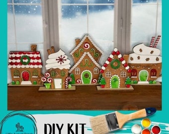 DIY Gingerbread Christmas Village Standing Pieces - Christmas Shelf Decor Wood Blank Paint and Craft Kit