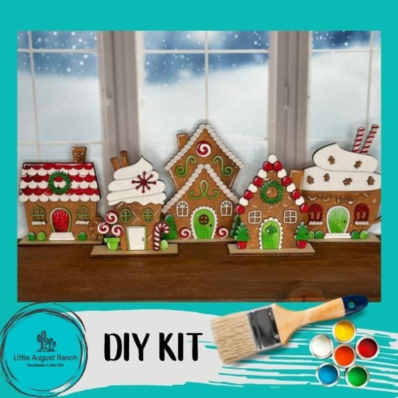 DIY Gingerbread Christmas Village Standing Pieces Christmas Shelf Decor Wood Blank Paint and Craft Kit image 1