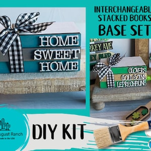 May include: A DIY kit for creating interchangeable stacked books. The kit includes three wooden books with the words "Home Sweet Home" and a paintbrush and paint pots. The kit is perfect for decorating a home or creating a unique gift.