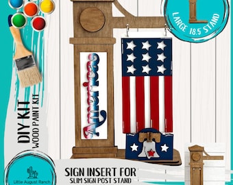 Puede incluir: Kit de letrero de madera DIY con un diseño de bandera estadounidense, una campana y la palabra "America". El kit incluye un soporte de poste de letrero delgado y un soporte grande de 18,5 pulgadas.