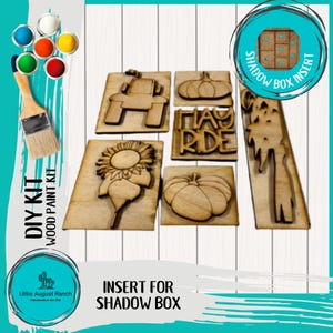 May include: A DIY wood paint kit with wooden inserts for a shadow box. The kit includes a tractor, pumpkins, sunflower, and the words "Hay Ride". Paint pots and a paintbrush are included. The text "Insert for Shadow Box" is also visible.