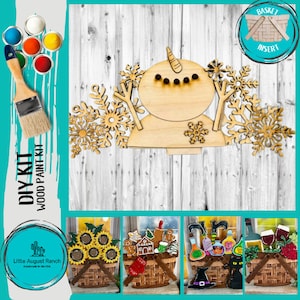 May include: DIY wood paint kit featuring a snowman with snowflakes. The kit includes a wooden snowman, snowflakes, and a paint brush. The kit is perfect for a winter-themed craft project.