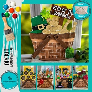 May include: DIY wood paint kit featuring a basket with a leprechaun hat, gold coins, and a sign that reads "End of the Rainbow".