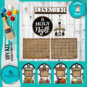 May include: DIY wood paint kit for a Christmas calendar. The kit includes a wooden sign that says "December", a wooden church, a wooden circle with the words "O Holy Night", and two wooden calendar boards with the months of December 2024 and December 2025.