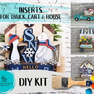 May include: DIY kit for a winter-themed house, truck, and cart. The kit includes wooden cutouts of a penguin, polar bear, and snowflakes, along with a sign that says "Hello Winter".