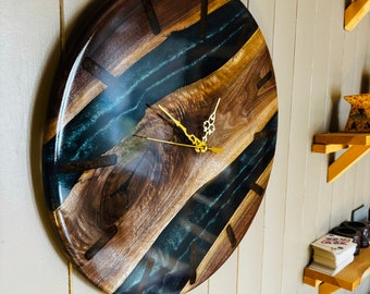 16” Wall clock handmade with epoxy and walnut