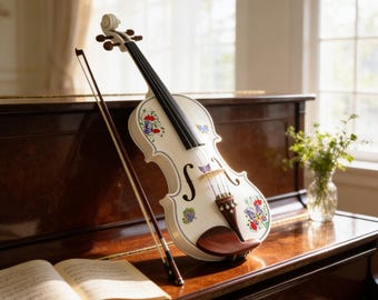 Violín blanco mariposa: Diseño floral aplicado a mano con detalles de cristal (tamaños para estudiantes)