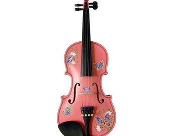 Pink Butterfly Violin: Hand-Applied Design - Includes Bow & Case